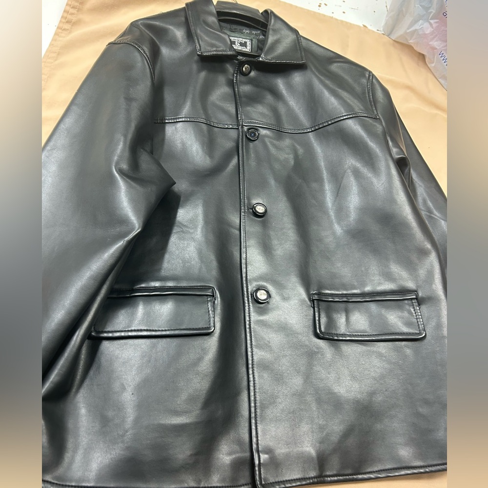 coat, black leather med by CONFE Zioni-some small signs of wear noted